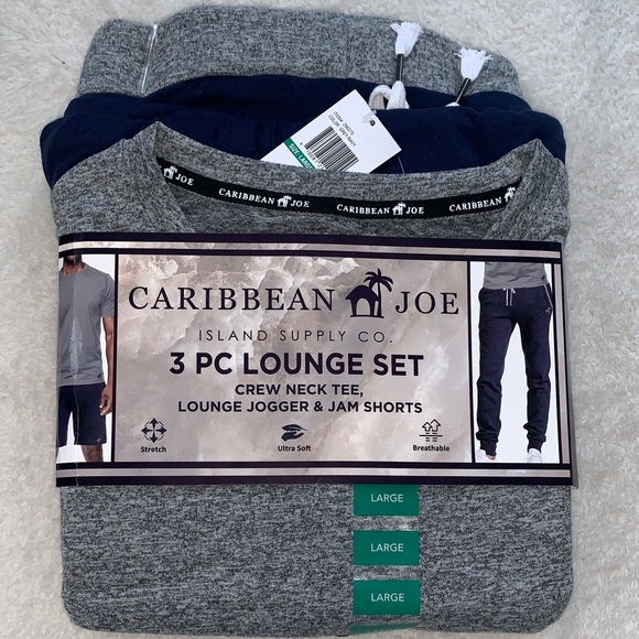 NWT Caribbean Joe Gray and Navy Lounge Set T-shirt Joggers & Shorts - Picture 1 of 7